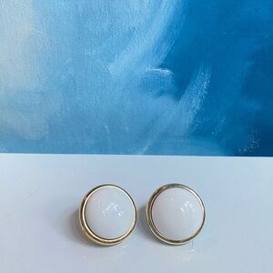 Vintage Large Thick White Plastic Dome Rimmed Gold Tone